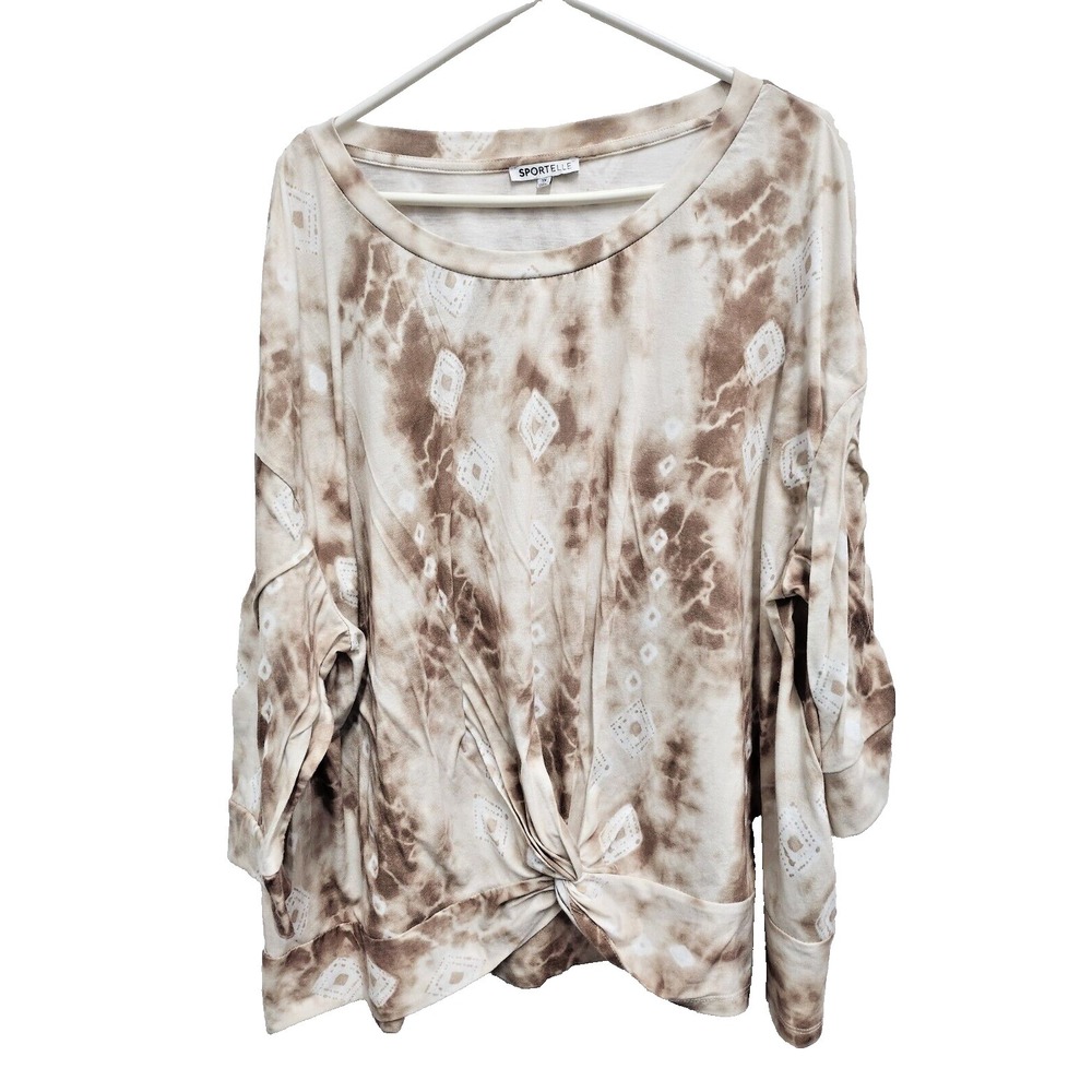Sportelle Womens Tie Dye Twist Front Tunic Top‎ Size 3X Ivory Beige 3/4 Sleeve